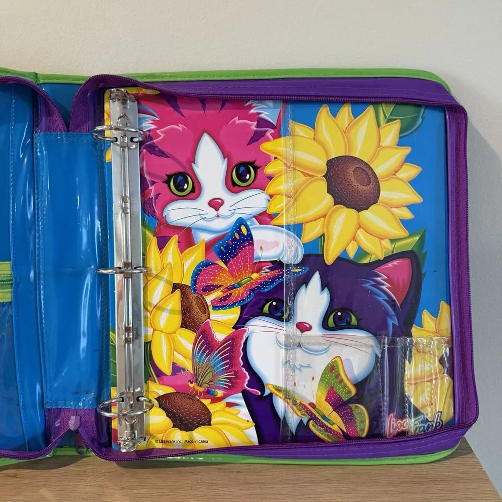 Vintage LISA FRANK 3-Ring Binder Zipper Cats Kitty Sunflower 90s Y2K Large
